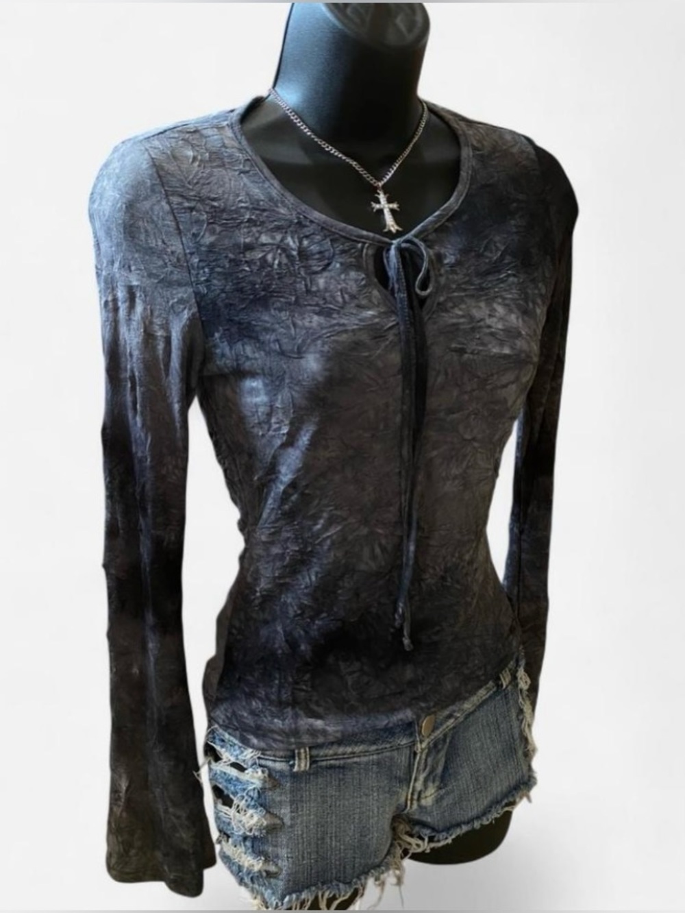 Y2k Gothic Black & Grey Tie Dye Wash Flare Sleeve Top